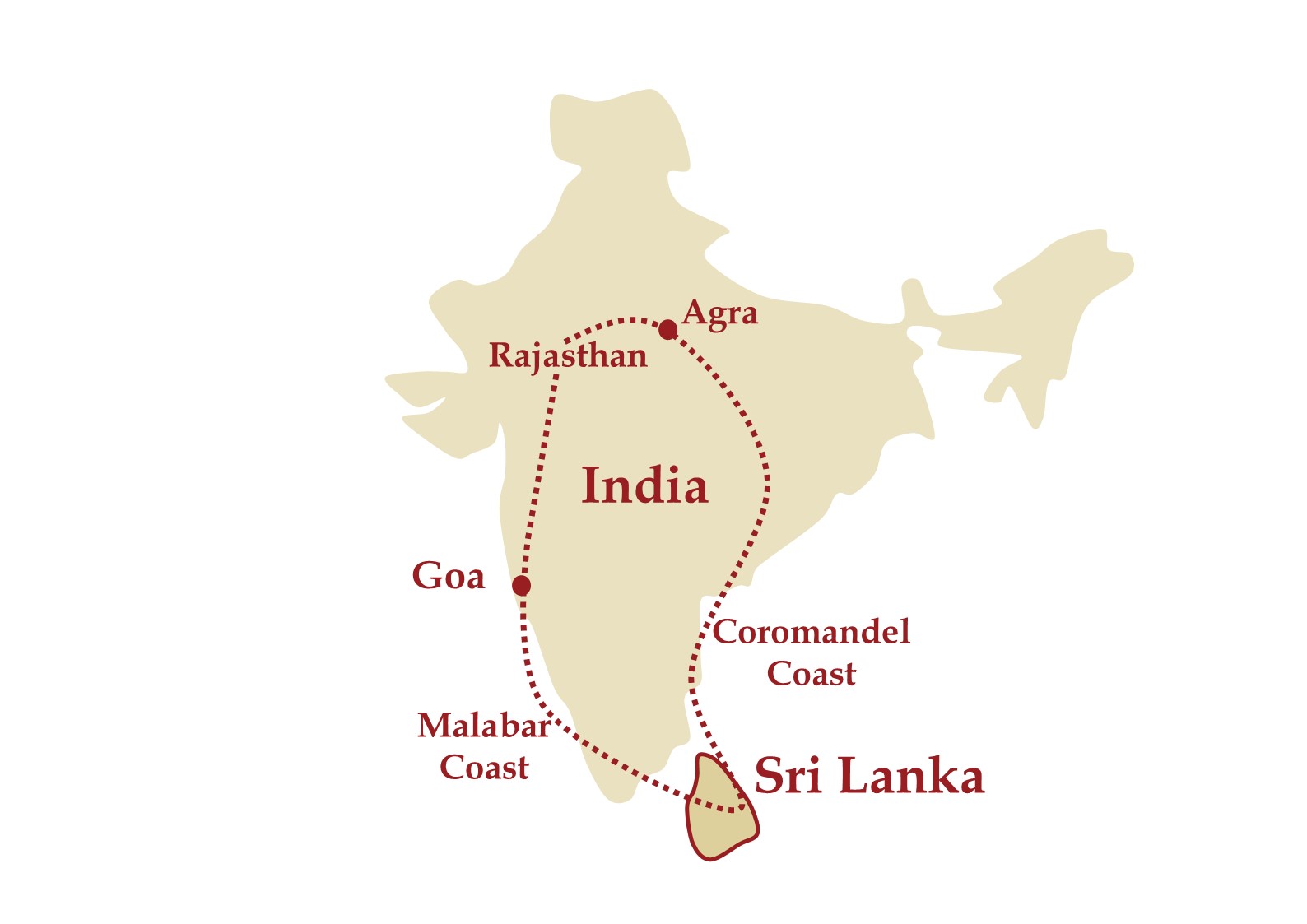 map of India and Sri Lanka with route of a culinary tour from Rajasthan to Goa